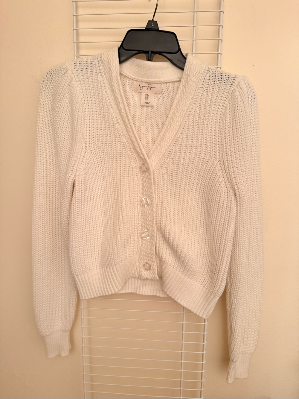 Jessica Simpson White Pointelle Knit V-Neck Button Cardigan